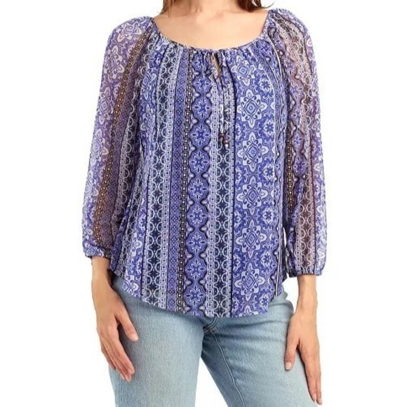 BCX Tops - NWT BCX PRINT MESH SCOOP NECK PEASANT TOP  boat neck womans XL